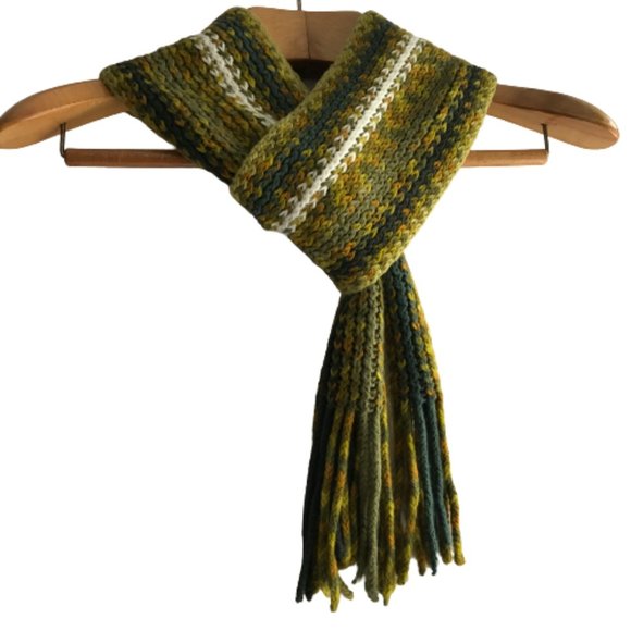 Green Orange White Knitted Fringe Striped Scarf - Picture 6 of 6